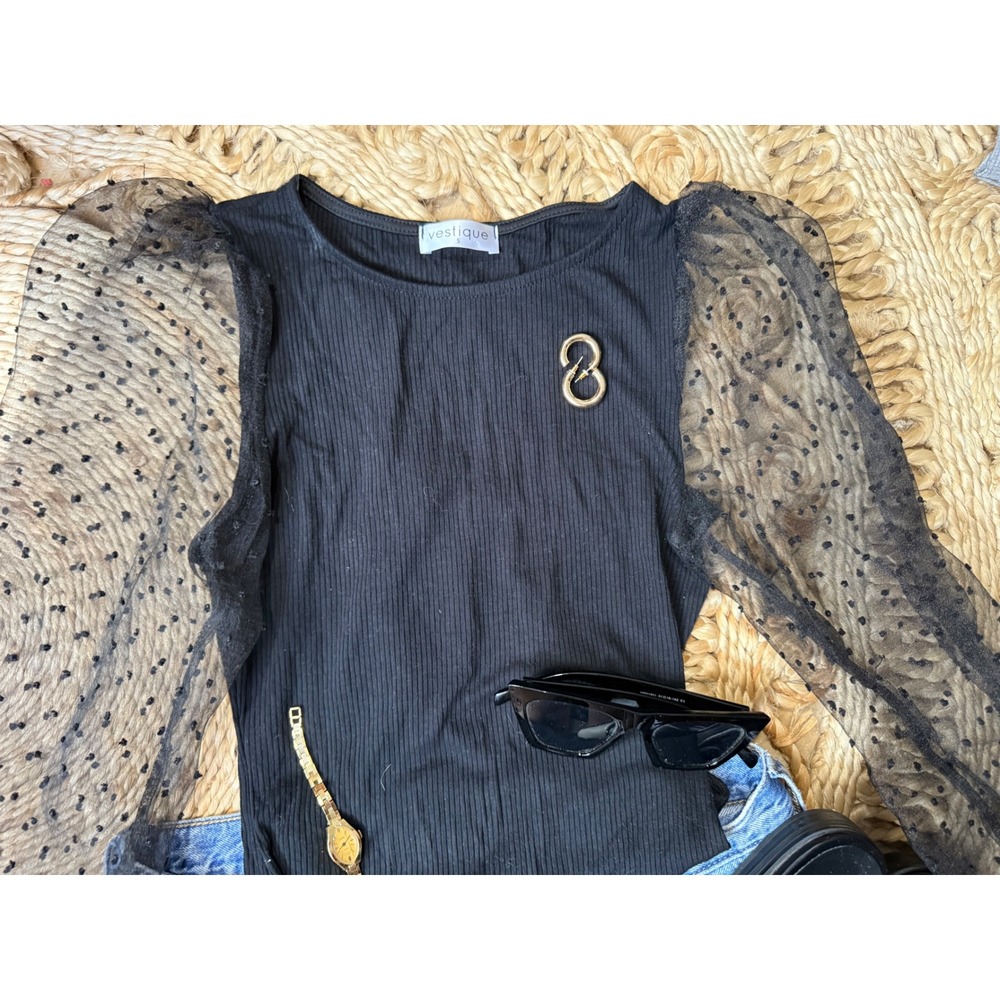 Vestique Black‎ Ribbed Swiss Dot Mesh Puff Sleeve Bodice Bodysuit Small - Picture 5 of 6